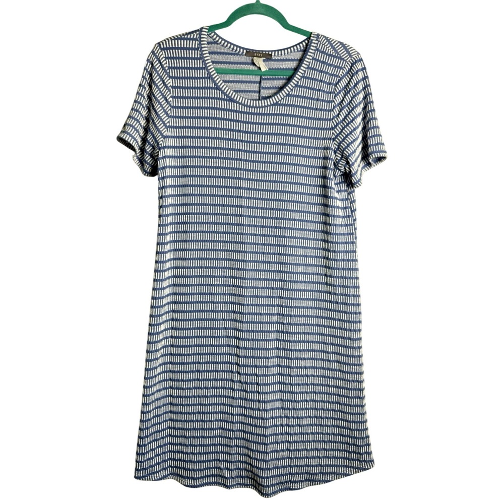 GYFT Blue White Beachy Boho Lightweight Stretch Short Sleeve Shirt Shift Dress L